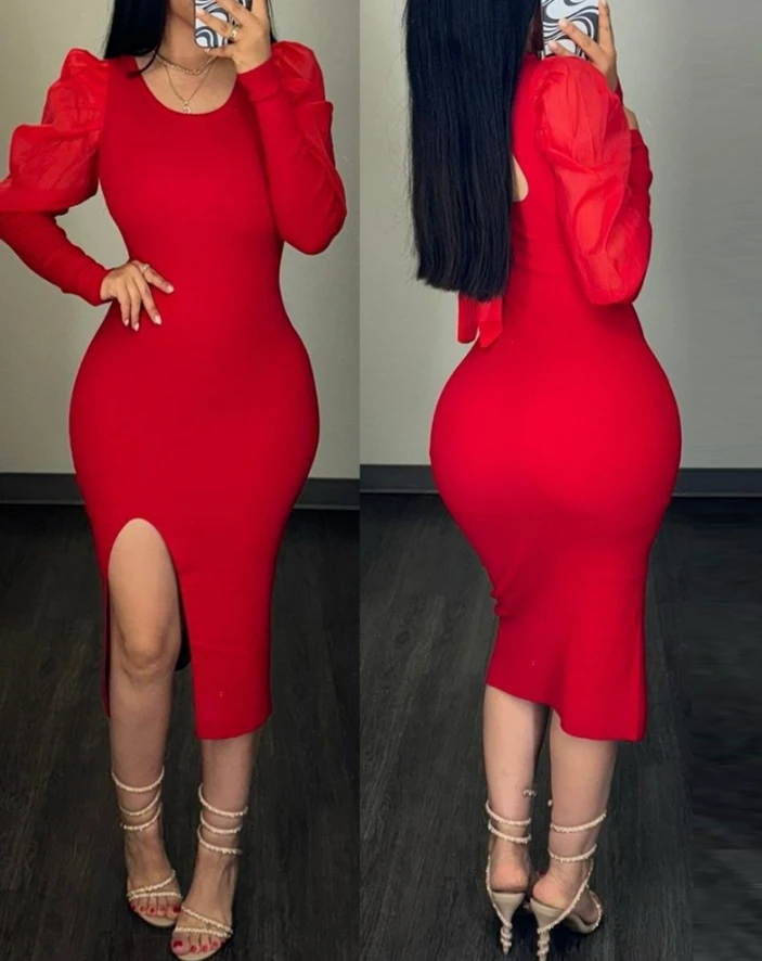 

Women Dress Autumn Winter Latest 2025 Crewneck Puff Sleeve Backless Tied Detail Midi Dress Slit Slim Fit Party Club Short Skirt