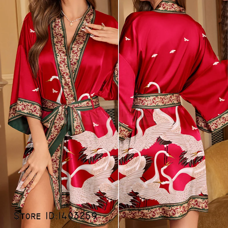 Burgundy Bride Bridesmaid Wedding Robe Morning Gown Bathrobe Print Crane Japanese Kimono Yukata Sexy Satin Sleepwear Homewear