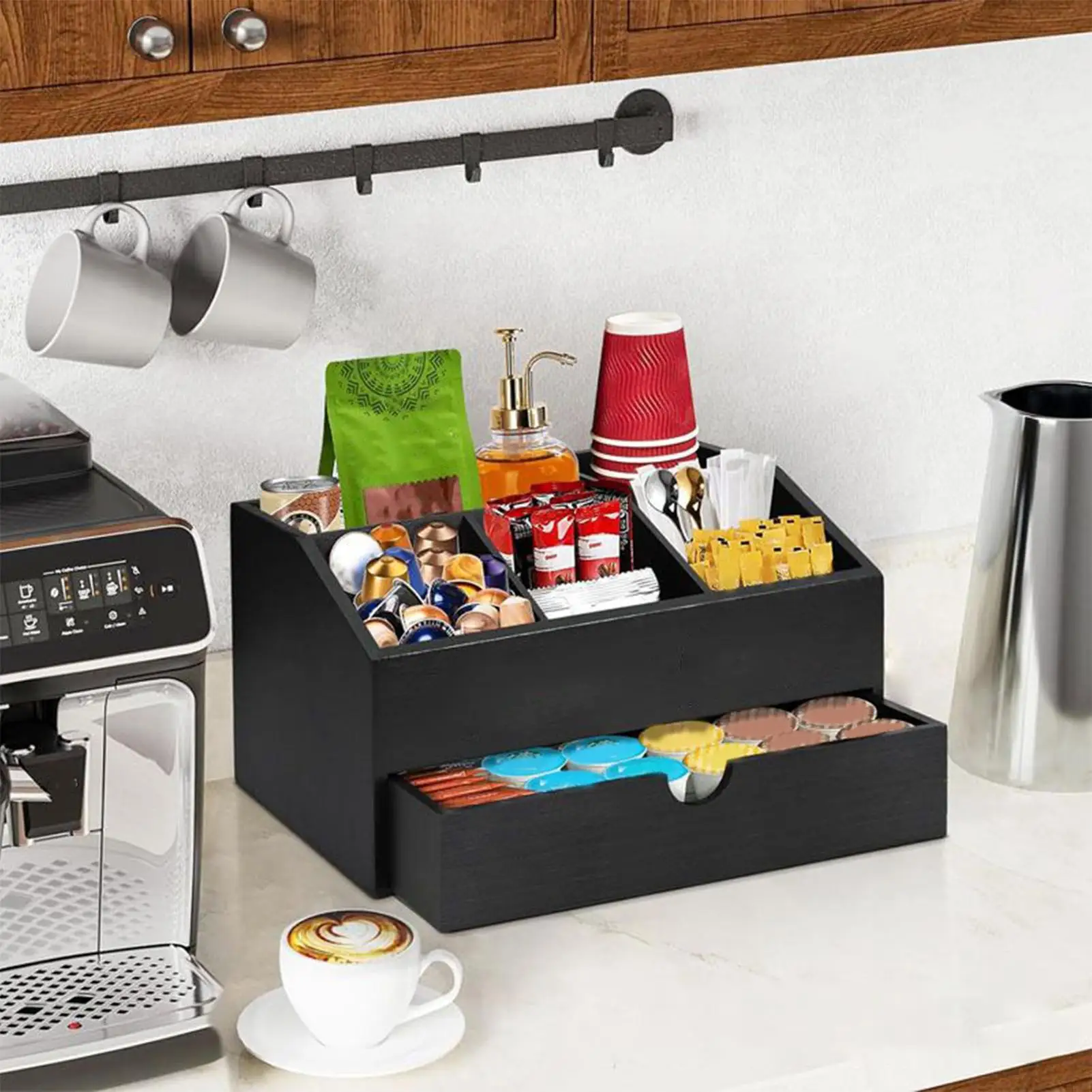 

Coffee Organizer Stirrers Wooden Storage Holder Multipurpose Desk Coffee Counter Organizer With Drawer For Dorm Studio Breakroom