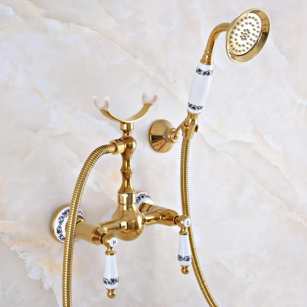 

Contemporary Gold Color Brass Wall Mounted Bathroom Shower Faucet Set with 150CM Hose Handheld Spray Head Mixer Tap Dna928