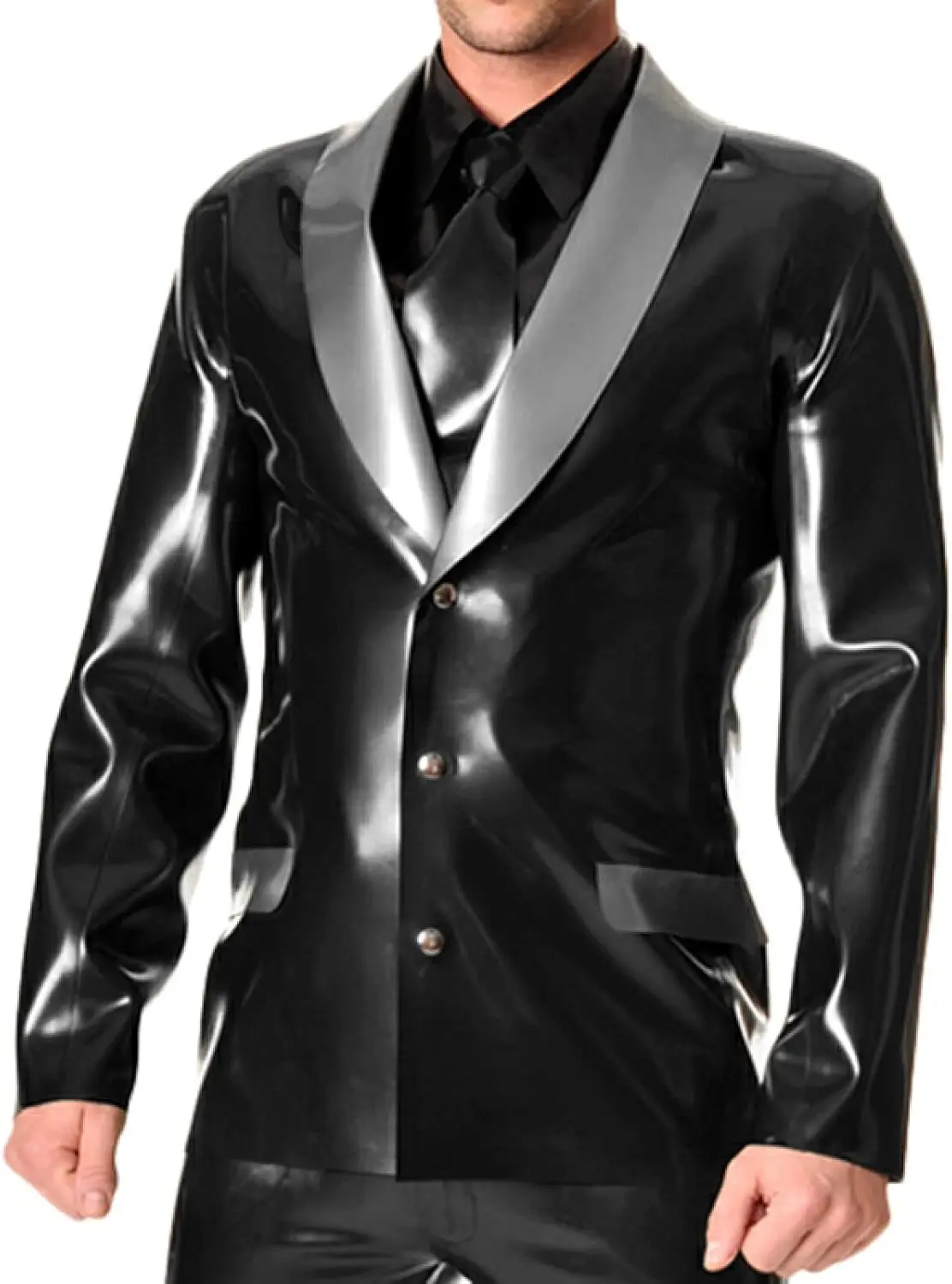 

Latex Suit Buttons Front Turn Down Collar Pocket Flaps Rubber Coat Top Jackets
