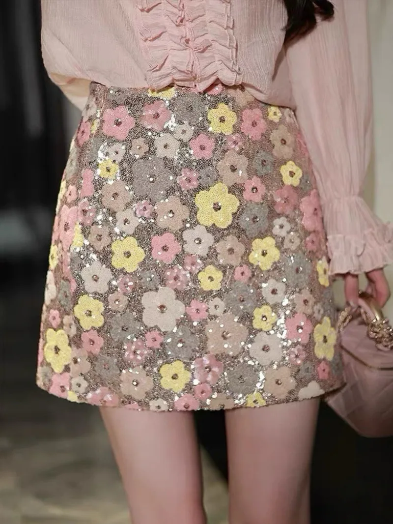 Shiny Fashion Floral Sequin Skirt Trendy Spice Girl Style High Waisted Bodycon A-line Mini Skirt For Party＆Daily INS Hot Sale