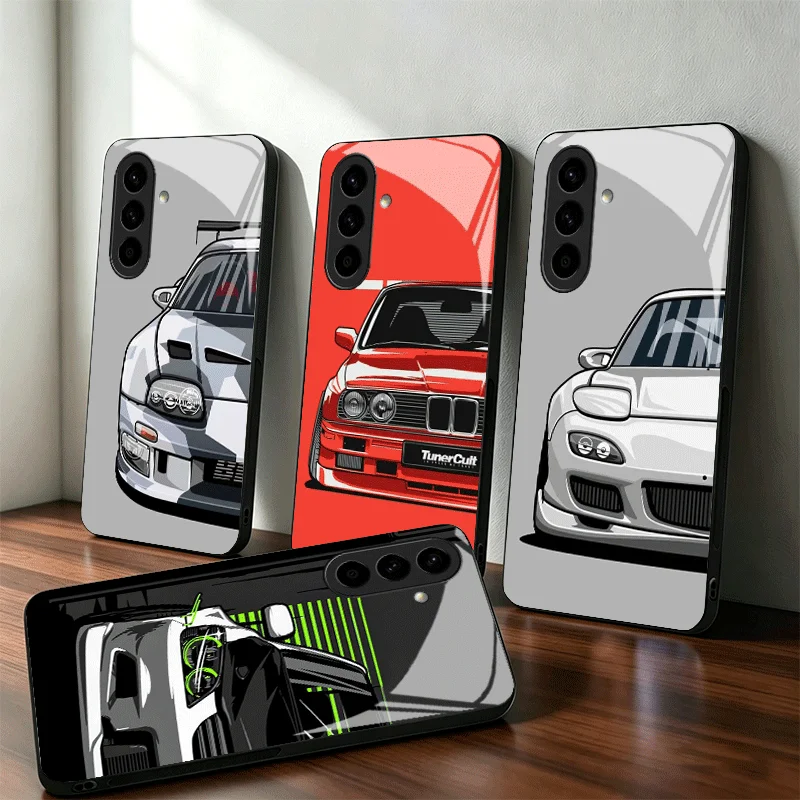 Simple Japanese Sports Cars Pattern Glass Phone Case for Samsung A17 A16 A15 A14 A13 A57 A56 A55 A54 A53 A37 A36 A35 A34 A33 A27