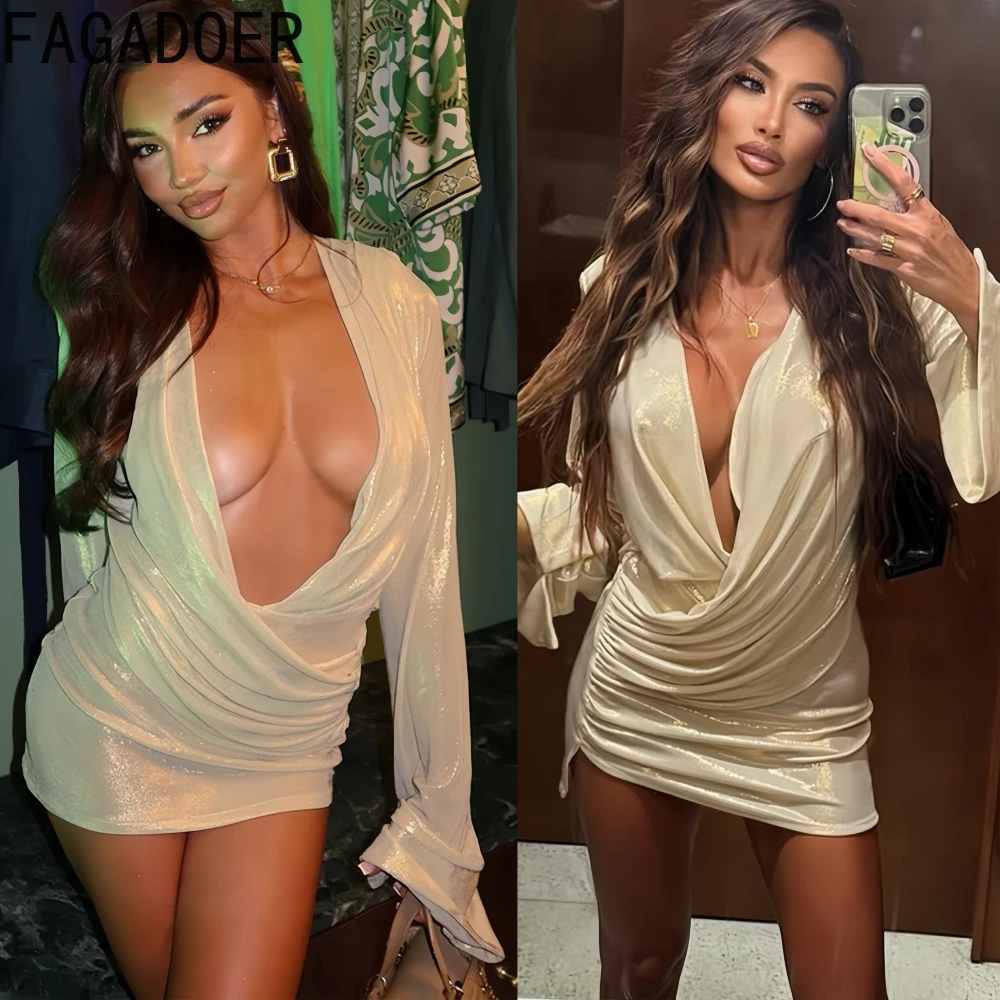 

FAGADOER Sexy Ruched Patchwork Bodycon Mini Dresses Women Solid Color Flare Sleeve Deep V-neck Dress Female Party Club Vestidos