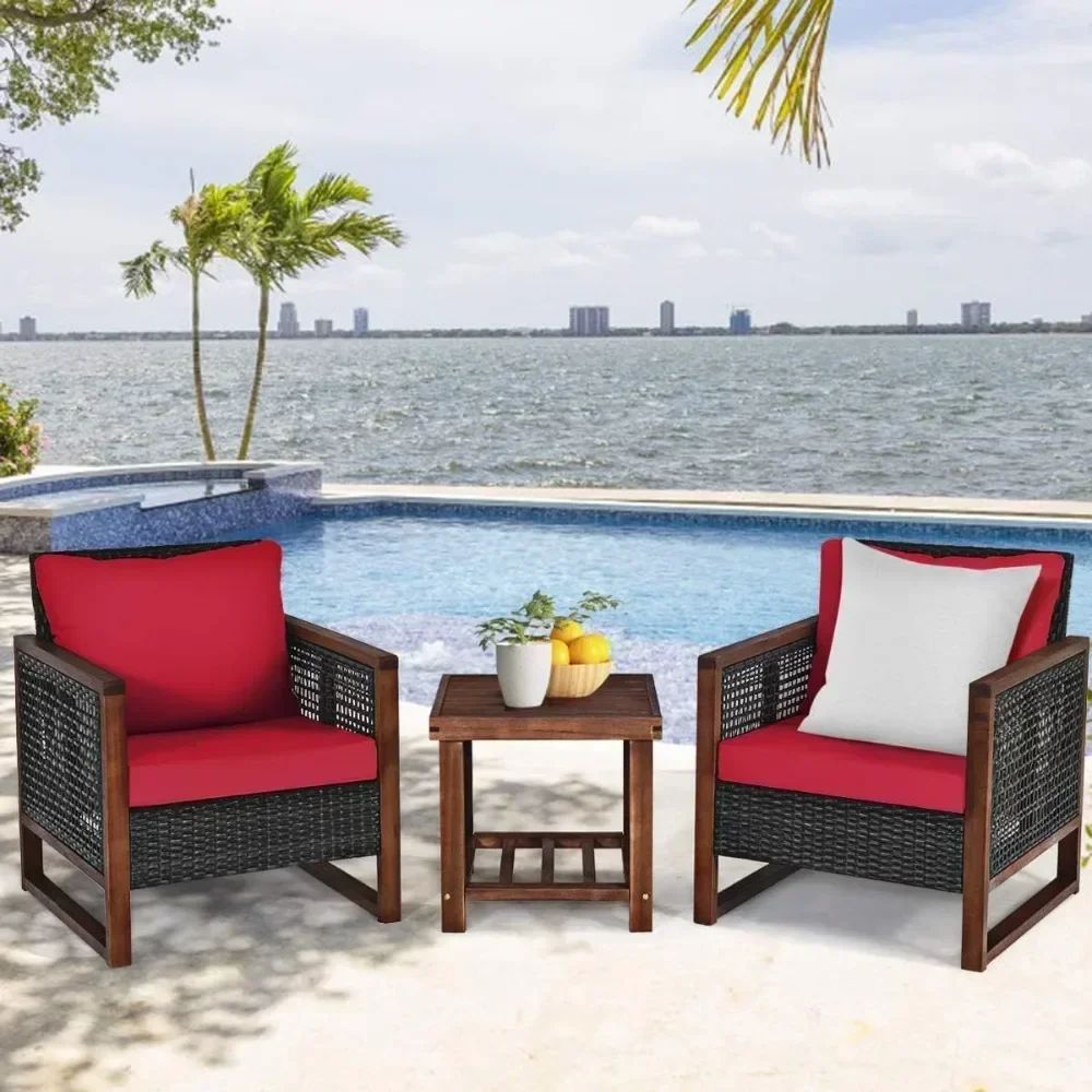 Wicker Furniture Set, Garden Sofas Rattan Outdoor Sofa Set Cushion & Acacia Wood Conversation Bistro Garden Red Garden Sofa