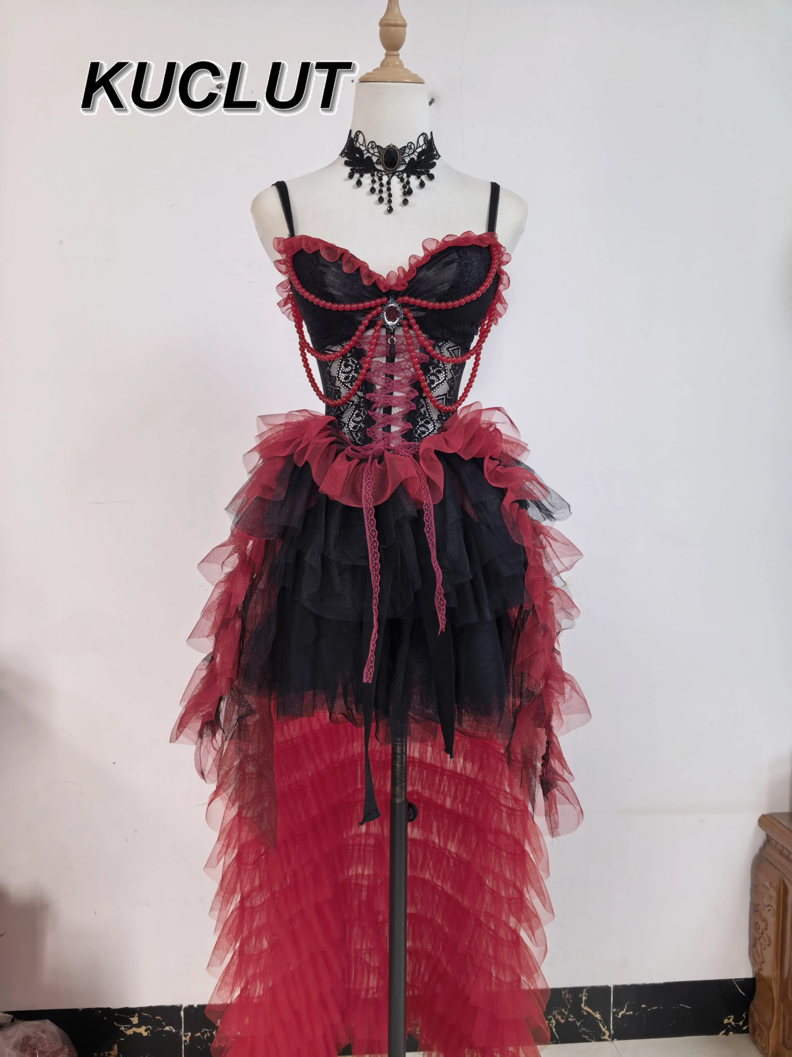 

Lady Y2k Suit Punk Style Gothic Hot Girl Sexy Wine Red Vintage Lace Strap Mesh Short Dress Sets for Women Fashion Summer