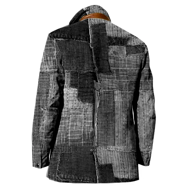 Patchwork Design Men Jacket Vintage Fleece Blazer Double Layer Lapel Leather Collar Medium Length Coats Grid Graphic Overwear