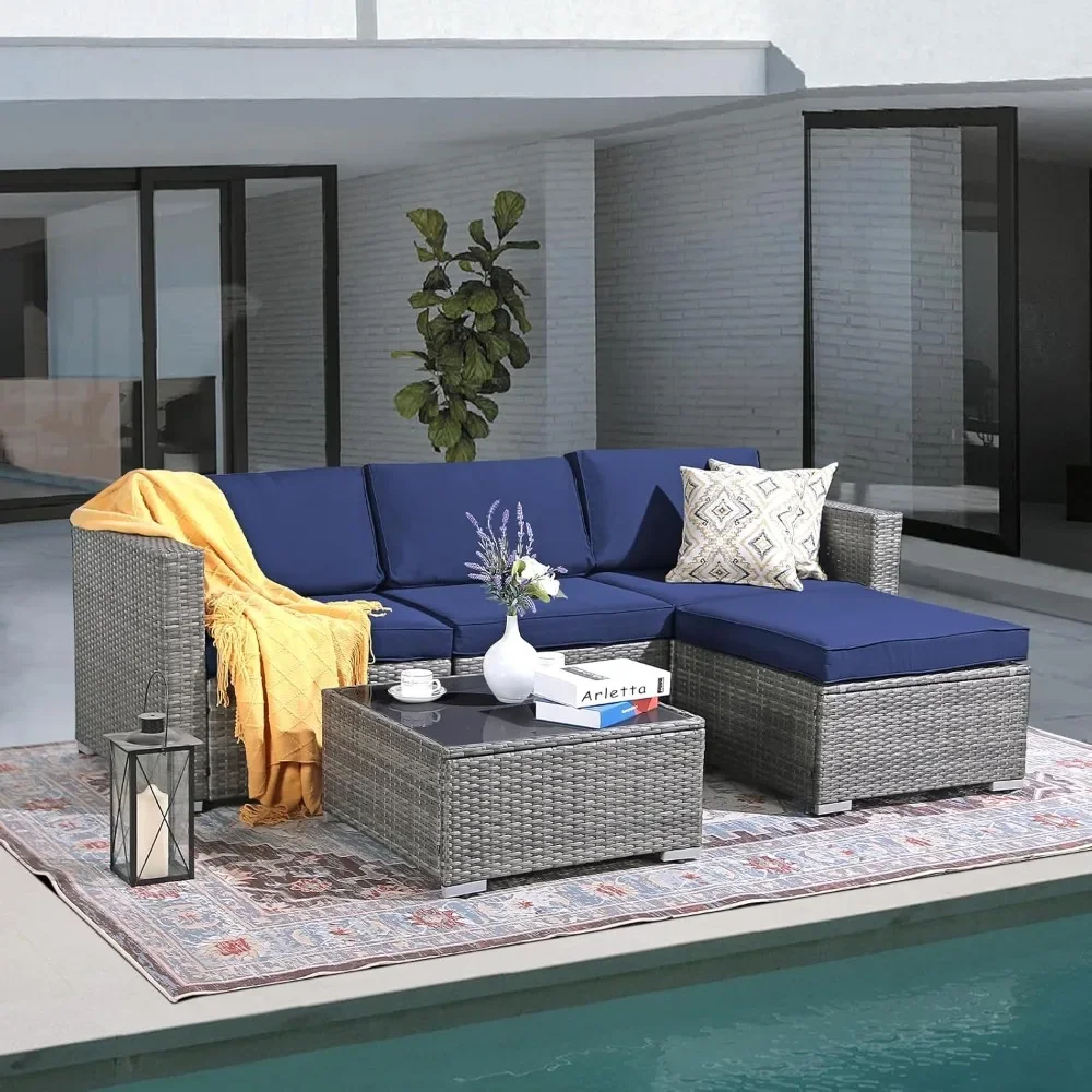 

5 Piece PE Wicker Outdoor Sectional Sofa Set, Rattan Patio Conversation Set, Cushions, Coffee Table for Garden, Backyard, Porch