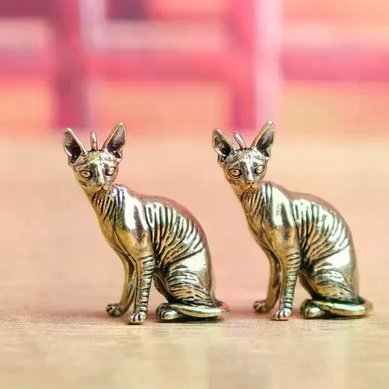 Brass Hairless Cat Small Statue Desktop Ornaments Vintage Animal Figurines Model Lucky Home Decorations Crafts Accessories Solid