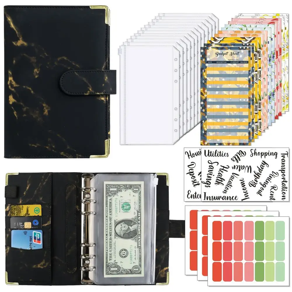 Marble Leather Budget Binder Cash Envelope System With Expense Budget Sheets&Labels&Inner Core Paper A6 Financial Notebook