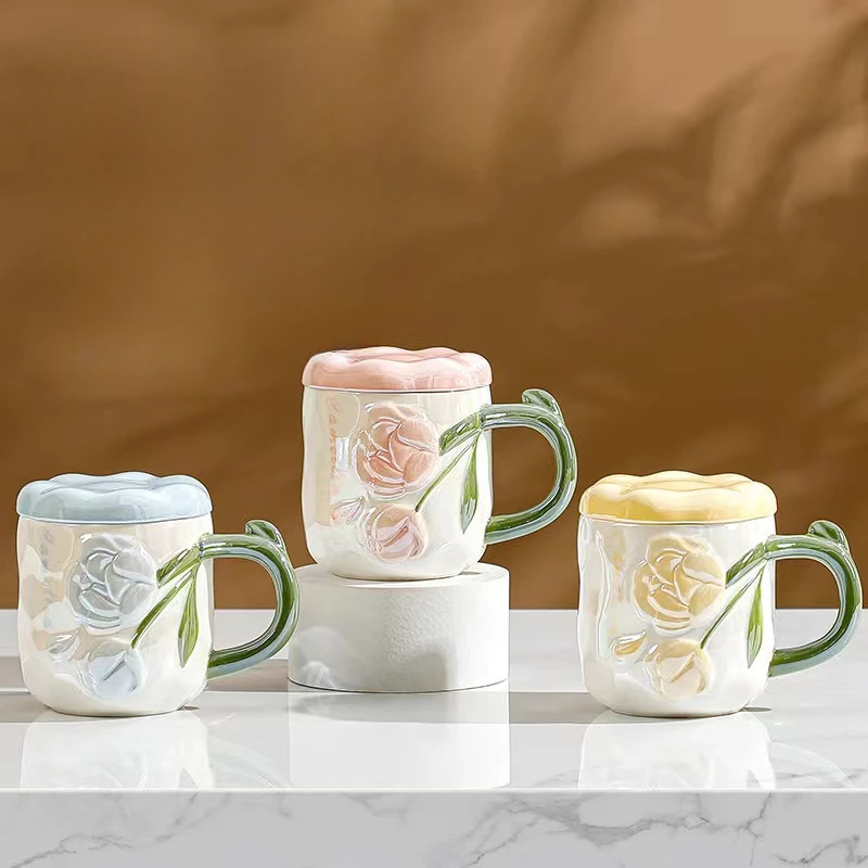 

Romantic Relief Rose Ceramic Mug Handmade Gift Creative Coffee Cup and Tea Cup Hand Drawn Design