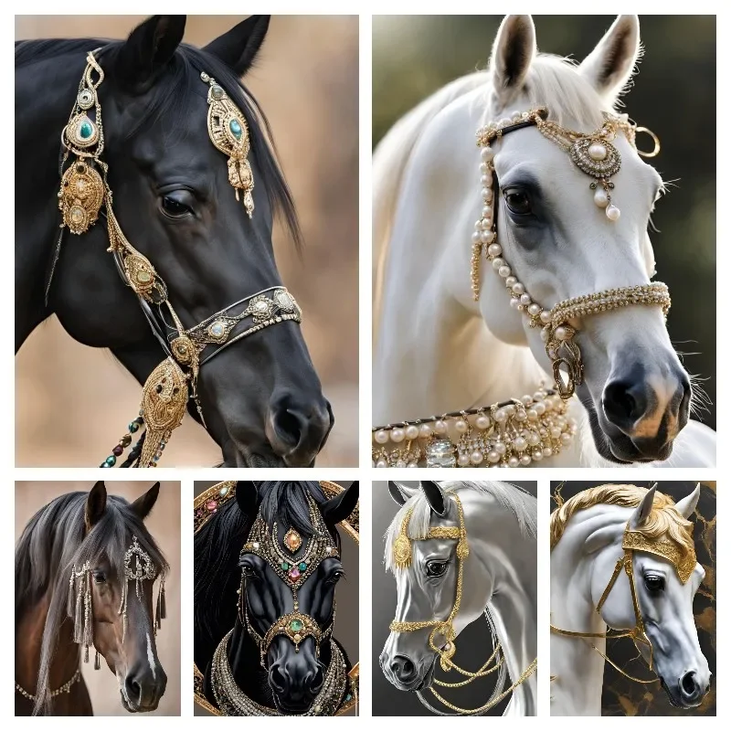 2024 New 5D DIY Diamond Painting Kit Arabian Horse White and Brown Diamond Embroidery Animals Painting Hand Mosaic Art Decor