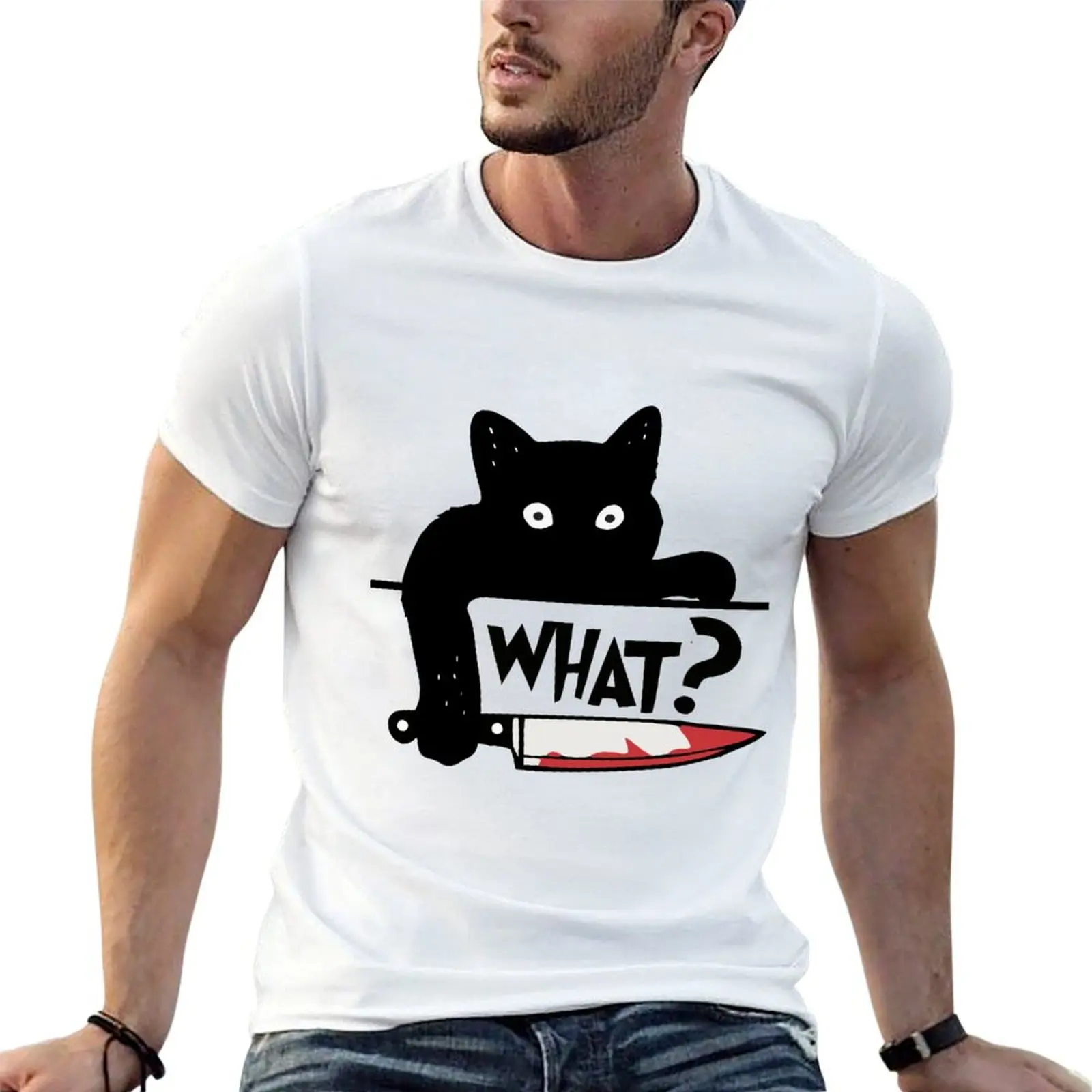 Black Cat What? T-Shirt Non-Shrink Basic Cotton T-Shirt