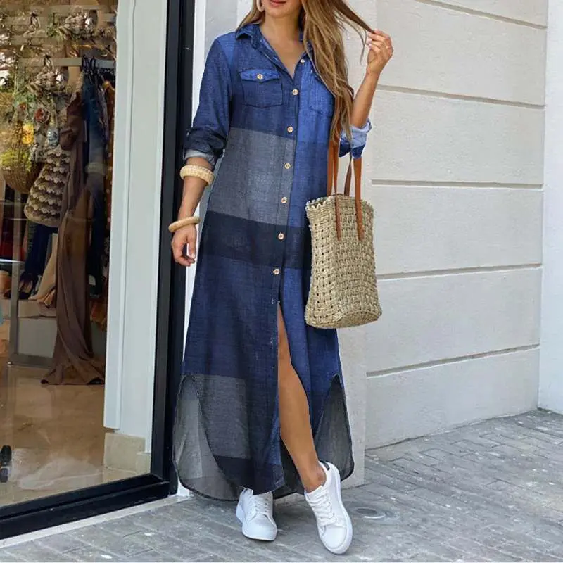 Boho Summer Maxi Dress Women Vintage V Neck Buttons Long Sleeve Elegant Holiday Beach Loose Shirt Dresses Female Casual Vestidos