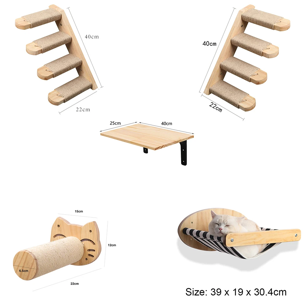 Cat Climbing Tree Wall Mounted Wooden Cat Shelves Jumping Furniture Cat Scratching Post Hammock Stairs Playing Climbing Frame