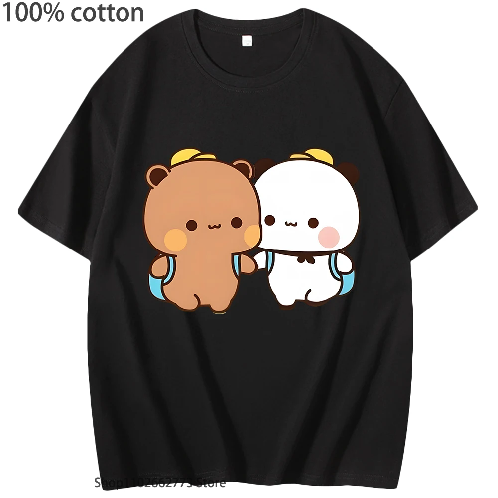 DuDu and BuBu on Vacation T-Shirts Kawaii Panda Bear Print Tshirts Short Sleeveed Y2k Top Summer Women Clothes Men 100% Cotton