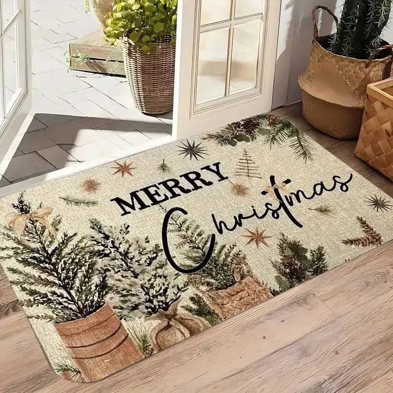 VIKAMA Merry Christmas Doormat Burlap Pine Cone Star Pattern Non Slip Entrance Rug Rustic Xmas Holiday Floor Mat Front Door Home