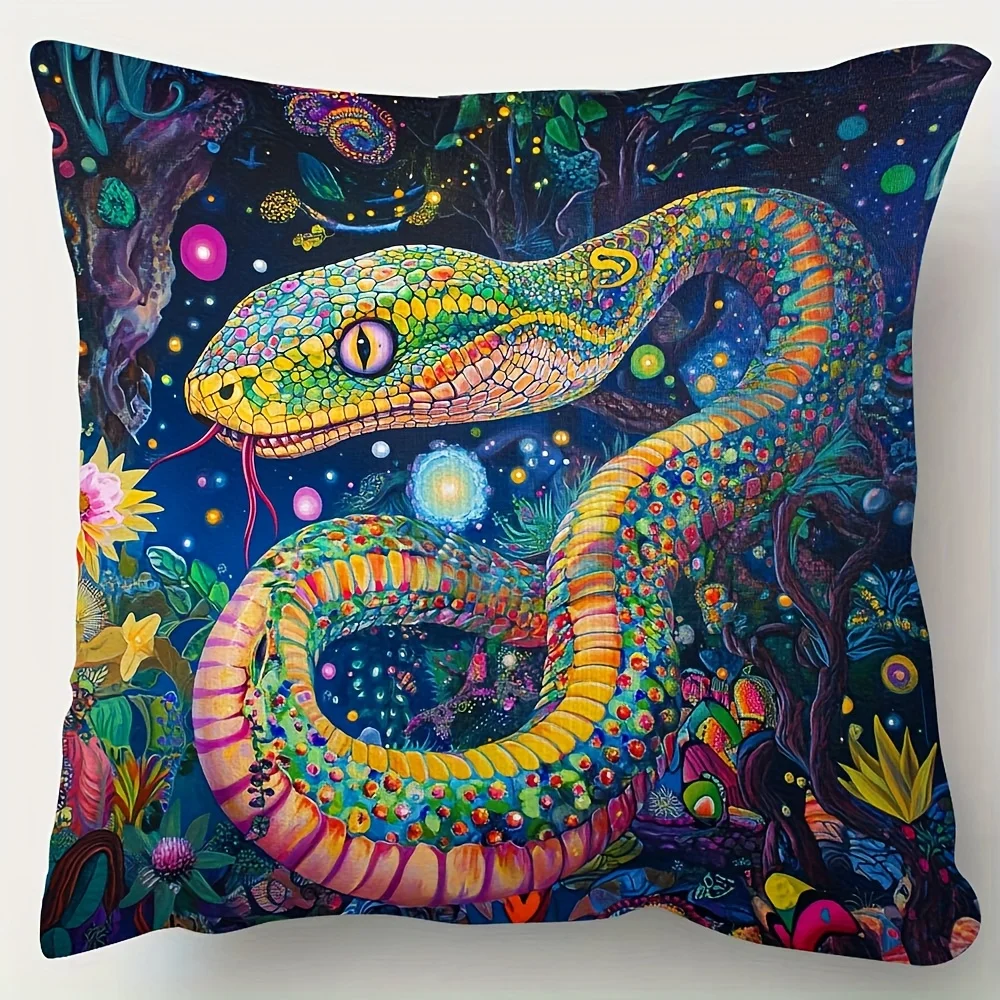 Psychedelic Ayahuasca Snake Double-Sided Pillowcase, Vibrant Cosmic Jungle Pattern Cushion Cover with Zipper, Washable Decor