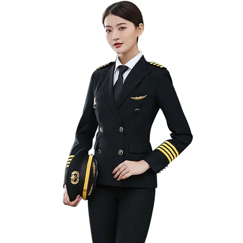 Pilot Uniform Women Airline Air Hostess Flight Attendant Aviation Uniforme Aviator Workwear Jacket Pants Pilot Suit Costume