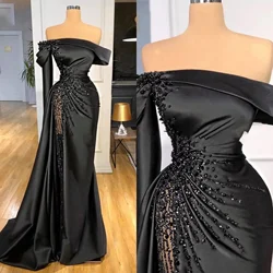 Black Satin Elegant Mermaid Evening Dresses One Shoulder prom Gown Sequins Beads Ruffles Split Side Dress For Party