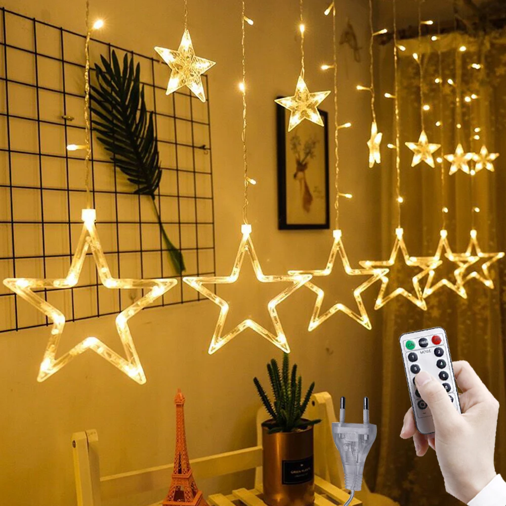 

110V 220V LED Star Curtain String Light Fairy Lights Christmas Garland For Wedding Party Window Outdoor Indoor New Year Decor