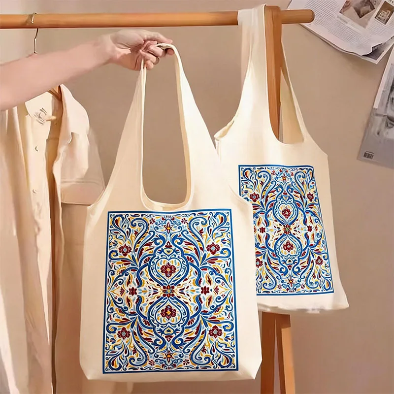 

Customizable Multi-Functional Printed Canvas Tote Bag Large Capacity Shopping Bag Inspirational Ethnic-Printed V-Neck Shopping T