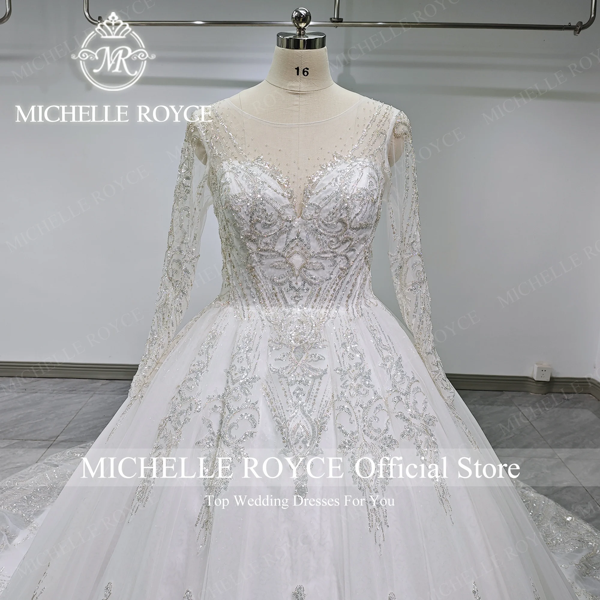 Michelle Royce Royal Wedding Dress Real photos Beading CRYSTAL Sequined Button Wedding Gown Vestidos Elegantes Para Mujer