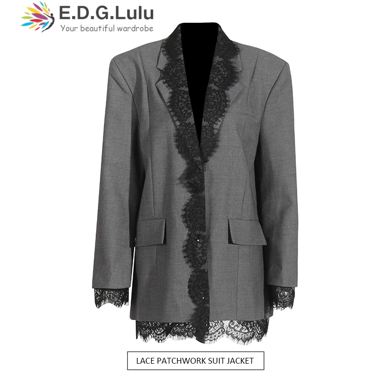 

EDGLuLu Women Fashion Embroidery Lace Patchwork Blazer Coat Long Sleeve Pockets Female Outerwear Chic Suit Jacket Femme 1006