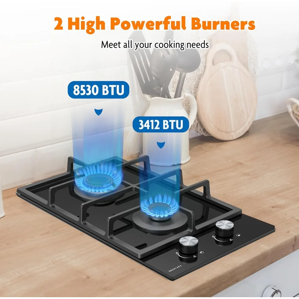 Estufa de gas de 2 quemadores, estufa de combustible doble de propano/GPL/NG integrada de 12 pulgadas, placa de vidrio templado negro con protección de termopar y A