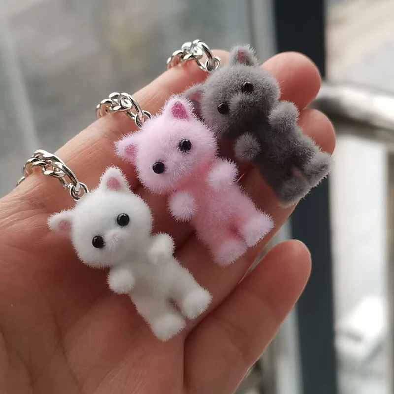 1PCS Kawaii Flocking Cat Keychain Cute Kitty Key Ring Animal Key Chains Pet lover Gifts For Women Men Car Keys DIY Jewelry