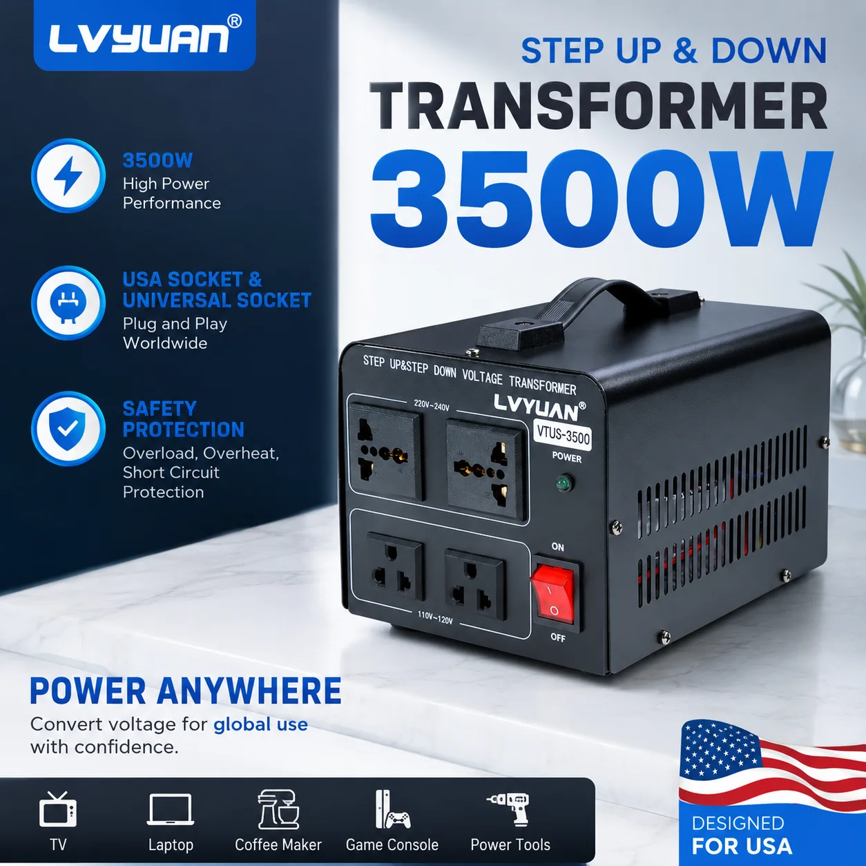 LVYUAN 700W/3500W/6000W Voltage Transformer AC 110V to 220V Or 220V to 110V Step Up&Down Converter US Standard Power Cord