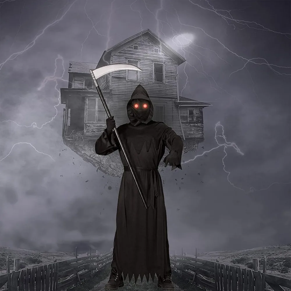 Grim Reaper Halloween Costume with Glowing Red Eyes for Kids, Scythe Included