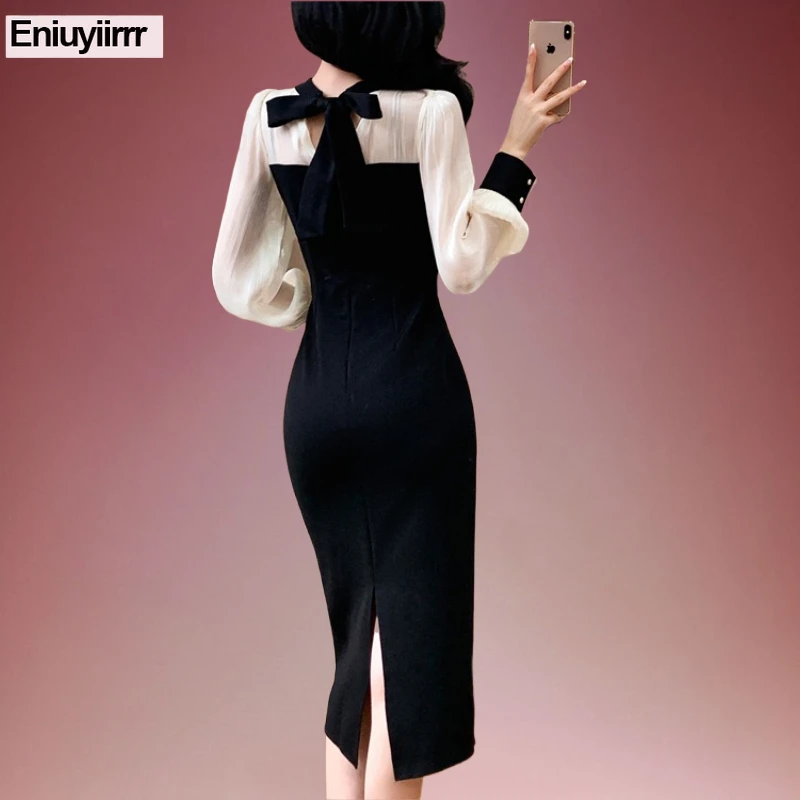 ชุดเดรสทรงดินสอผ่าข้างยาว แต่งผ้าปะติด สไตล์ใหม่ แฟชั่นผู้หญิง สง่างาม สีดำ แนวผู้หญิง สำหรับใส่ทำงานในออฟฟิศ