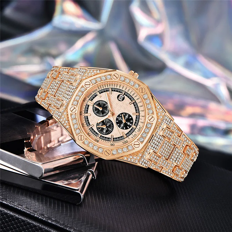 Men Genuine Brand Golden Luxury Watches Fashion Alloy Band Hip Hop Diamond Date Quartz Vintage Watch Montres de Marque de Luxe