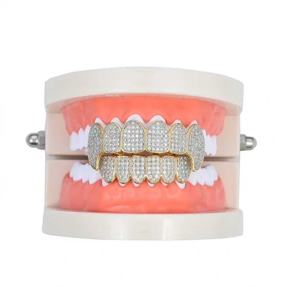 Iced Out Micro Pave Full CZ Teeth Grillz Top&Bottom Charm Grills For Men Women Hip Hop Charm Jewelry