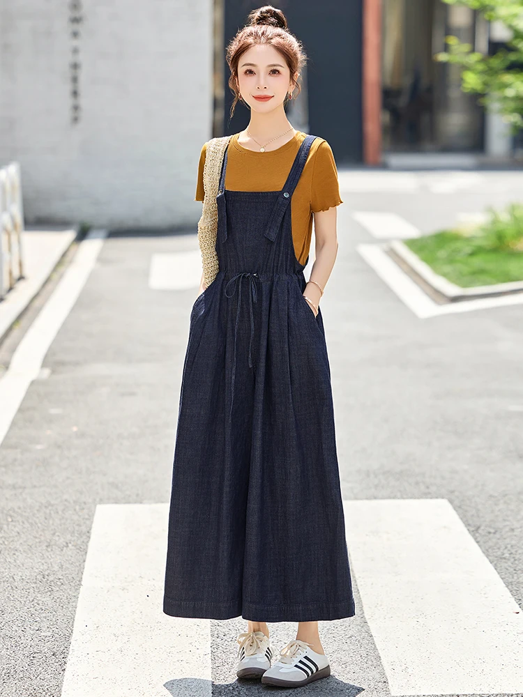 

Salt Series Faionable Denim Overalls Women's Summer New Slim Wide Leg Jumpsuit Two Piece Set Anti Aging Sli Cotton Blend