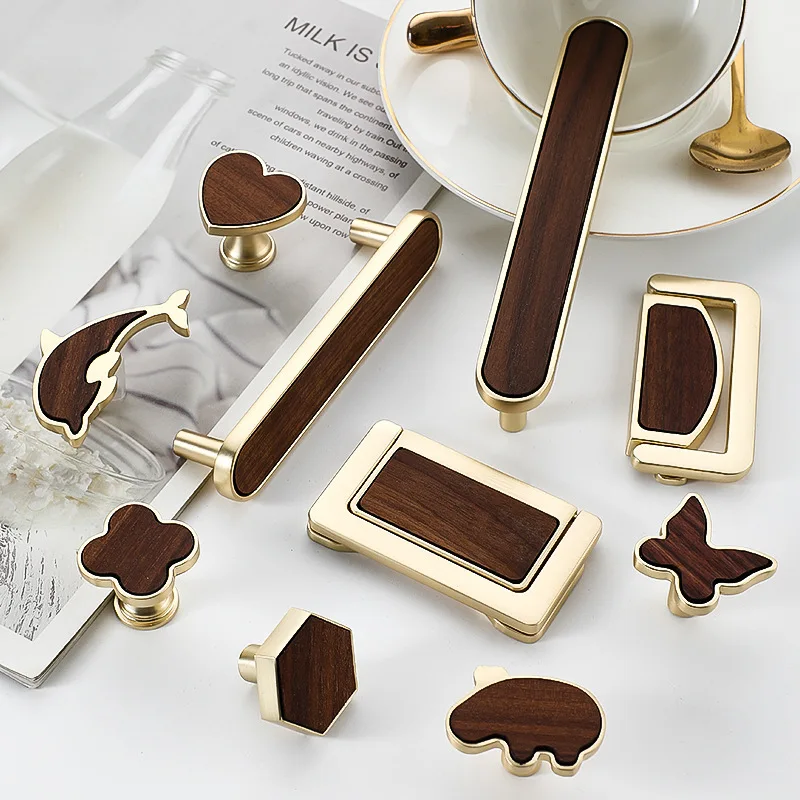 New Chinese Walnut Zinc Alloy Combined Cabinet Knobs Wooden Splicing Handles For Wardrobe Cabinet Drawer Furniture Hardware