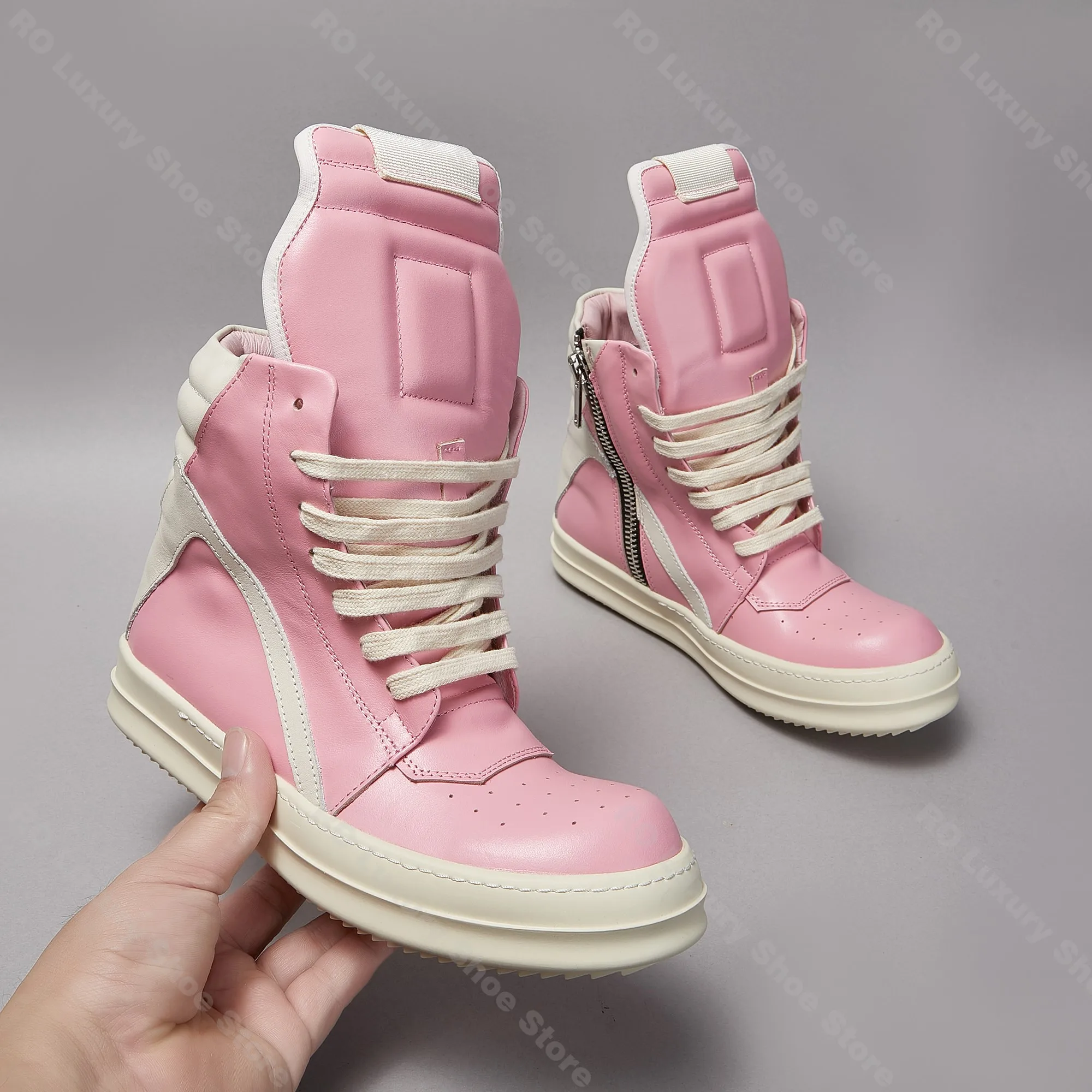Brand Casual Men Shoe High Top Women Sneaker Quality Pink Geobasket Leather Zipper Luxury Shoe New Trend Flat Ankle Boot
