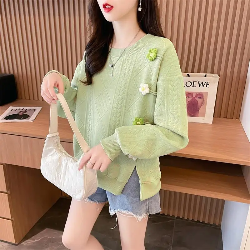 Women\'s Clothing Sweet Solid Color Pullover Flower Lantern Long Sleeve Round Neck Paisley Casual Fashion Spring Autumn Tops