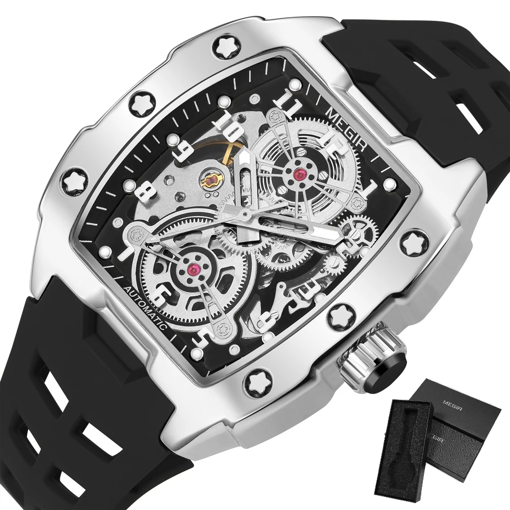 MEGIR Blue Automatic Mechanical Watch for Men Fashion Casual Sport Waterproof Wristwatch Male with Silicone Strap Tonneau Dial