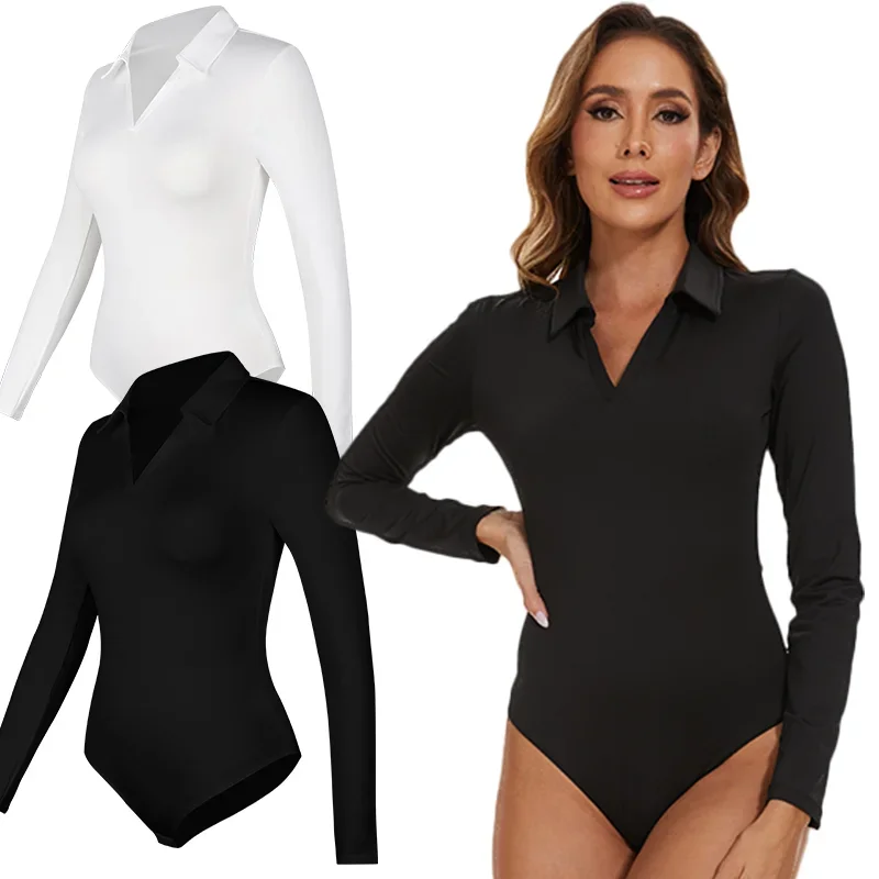 

Women sexy long sleeve bodysuit turn-down collar V neck shapewear control butt lift shirt seamless compression