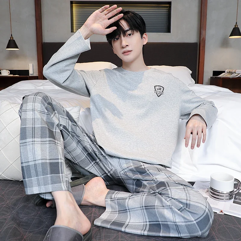 Pajamas Men's Spring and Autumn Cotton large size L-3XL Loose Casual Long-Sleeved Korean loungewear Young Boy pijama hombre