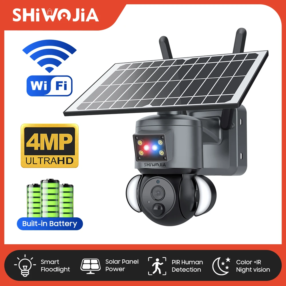 

SHIWOJIA Solar Camera Wifi 4MP Wireless Security Outdoor AI Human Detectio Solar Battery CCTV 21700mA Red-Blue Light Light Alarm