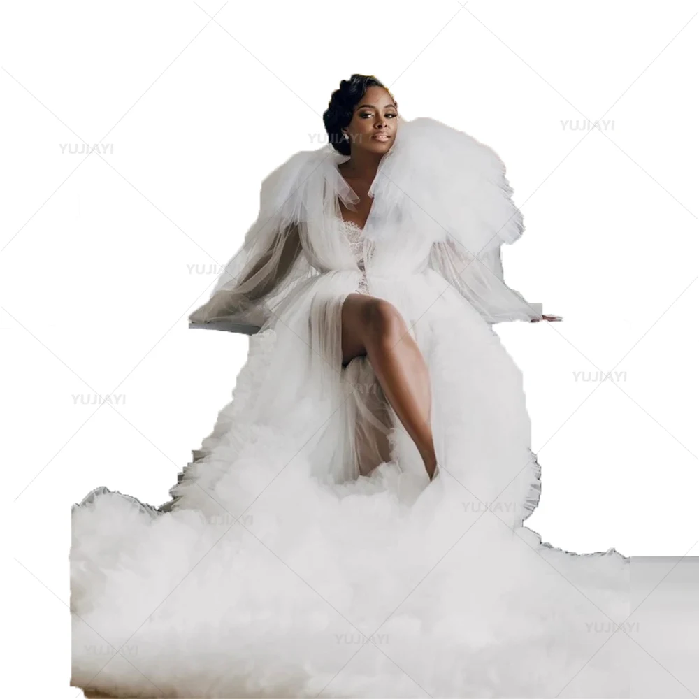 Vestido de noiva branco extra puffy para mulheres, roupinha longa para sessão fotográfica, festa de casamento, vestido de baile, pijamas nupciais Boudoir, camisola