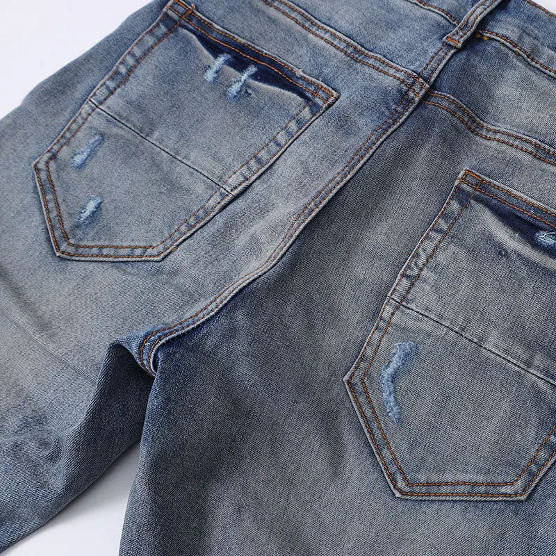 High Street Fashion Men Jeans Retro Washed Blue Stretch Slim Fit Patched Ripped Jeans Men Brand Designer Hip Hop Y2K Denim Pants