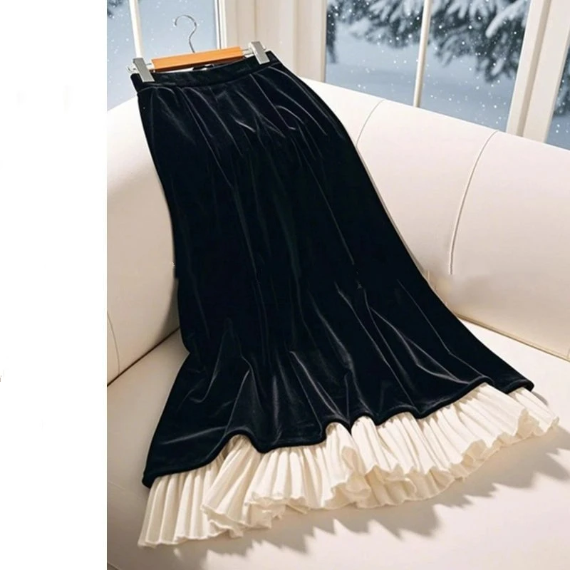 

Осенне-зимняя золотая бархатная полуюбка Элегантная плиссированная юбка Женская новая юбка трапециевидной формы средней длины Универсальная модная юбка