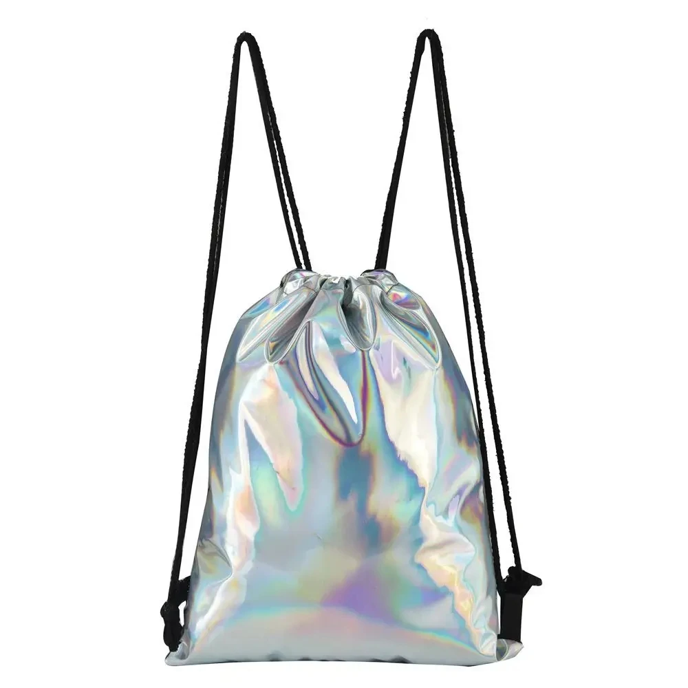 Mochila láser con cordón para mujer, bolso reflectante brillante, bolsillo con cordón