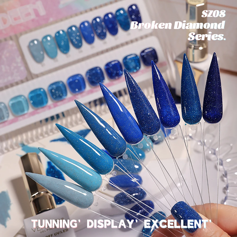 Vendeeni 9 Farben/Set Glitzer-Broken-Diamond-Gel-Nagellack UV LED Soak-Off Gel-Lack Grün Lila Rot Flash Gel mit Display – Detail 34