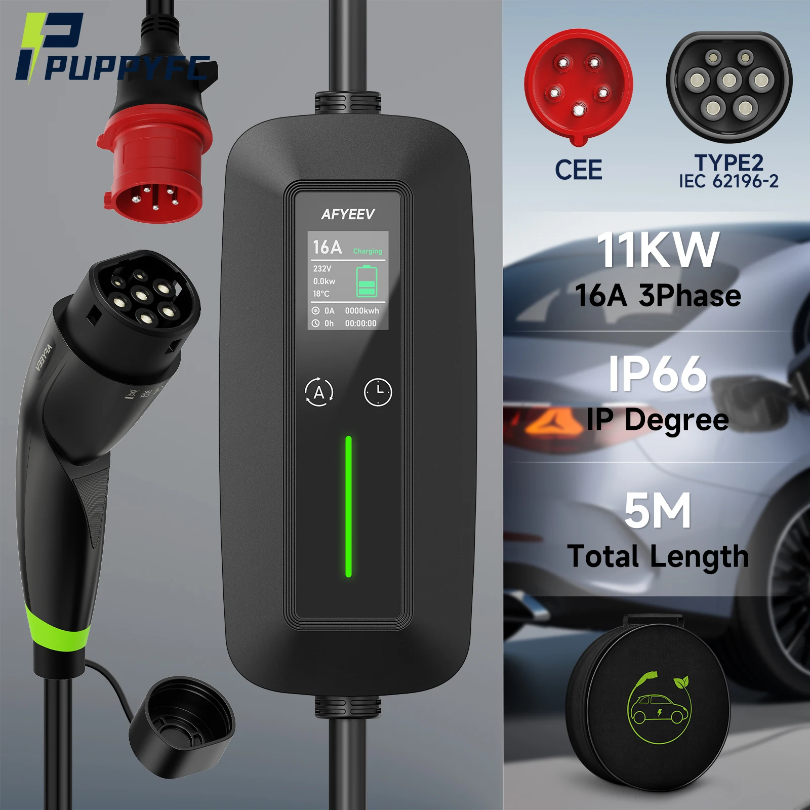 Puppyfc 11KW EV Charger Portable Cable Type2 IEC62196-2 GBT Electric Car Wallbox Fast 16A Charging Station CEE Plug