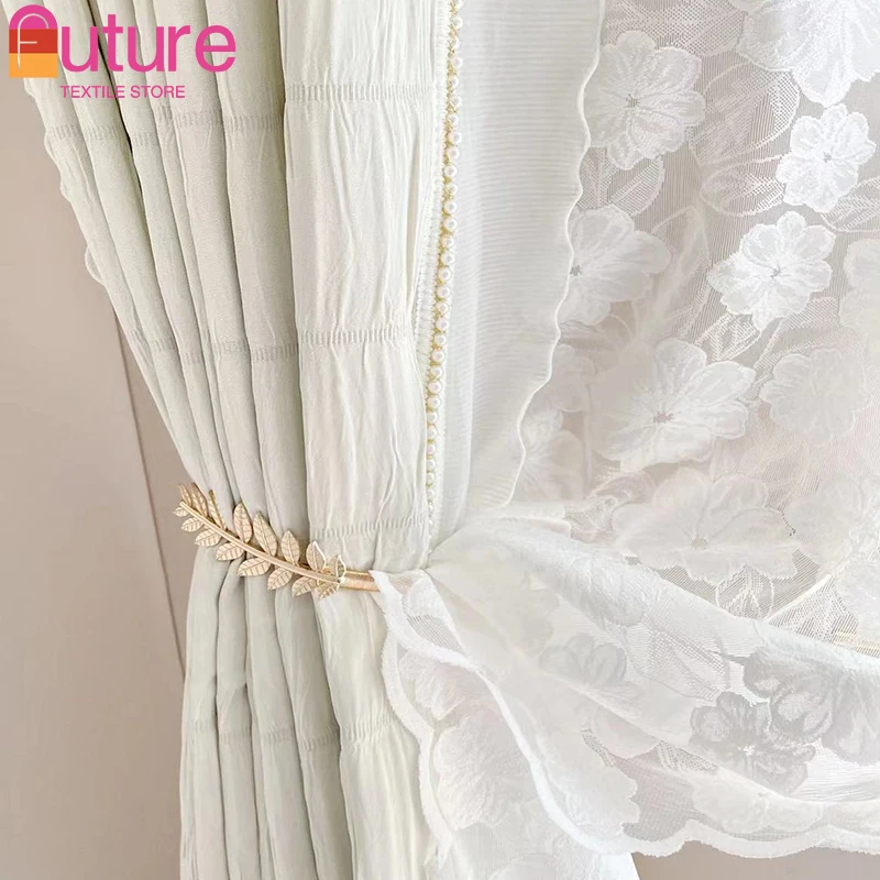 

French Style Small Fragrance Cream Pearl Wood Ear Lace Patchwork Curtains for Living Room Bedroom Balcony Bay Window Customized